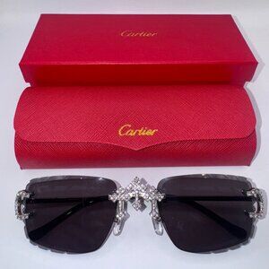 Cartier Buffs Sunglasses Triple Cross Diamond Cut Lens Black Dark Tint Silver